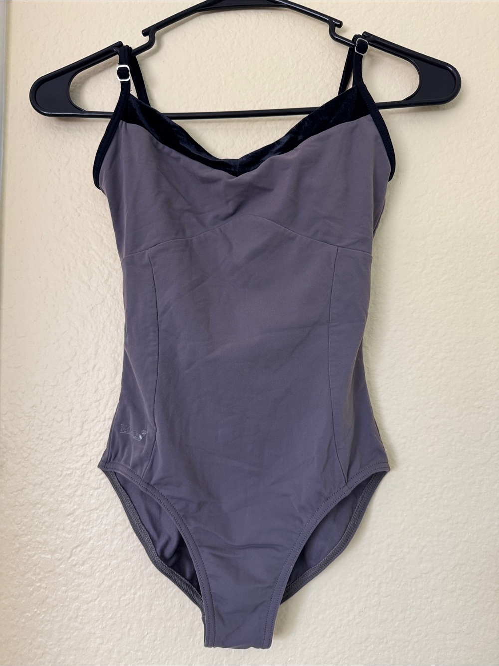 Nikolay Classic Woman’s leotard-bodysuit in Slate Gray with velvet black trim v